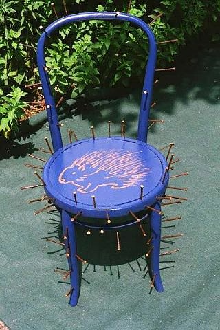 blue porcupine,blue paint ,bent oak chair,nails